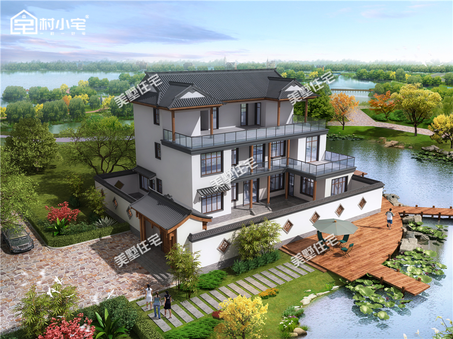 主体造价80-88万玻璃护栏三层传统中式别墅